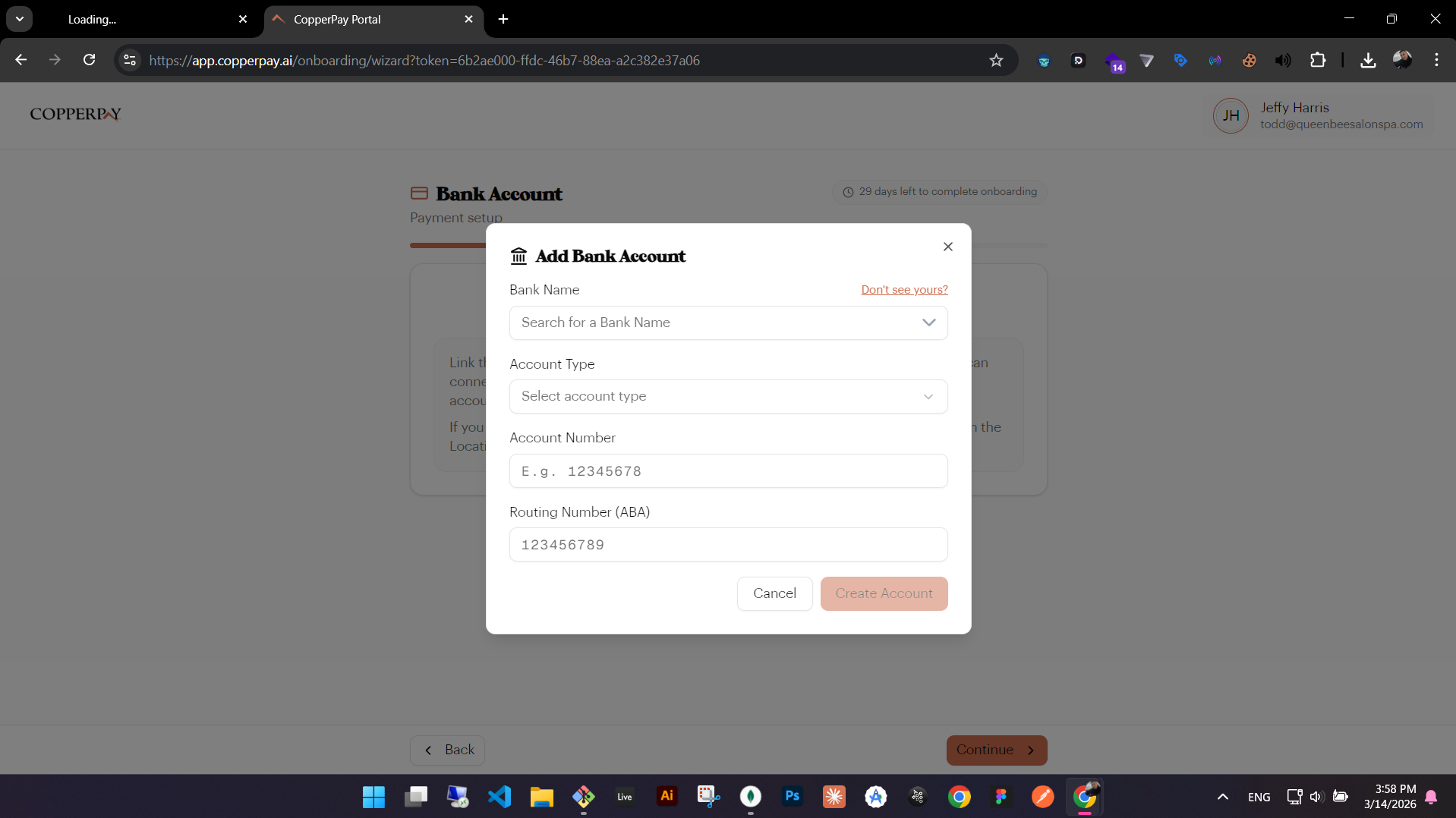 Manual bank account form