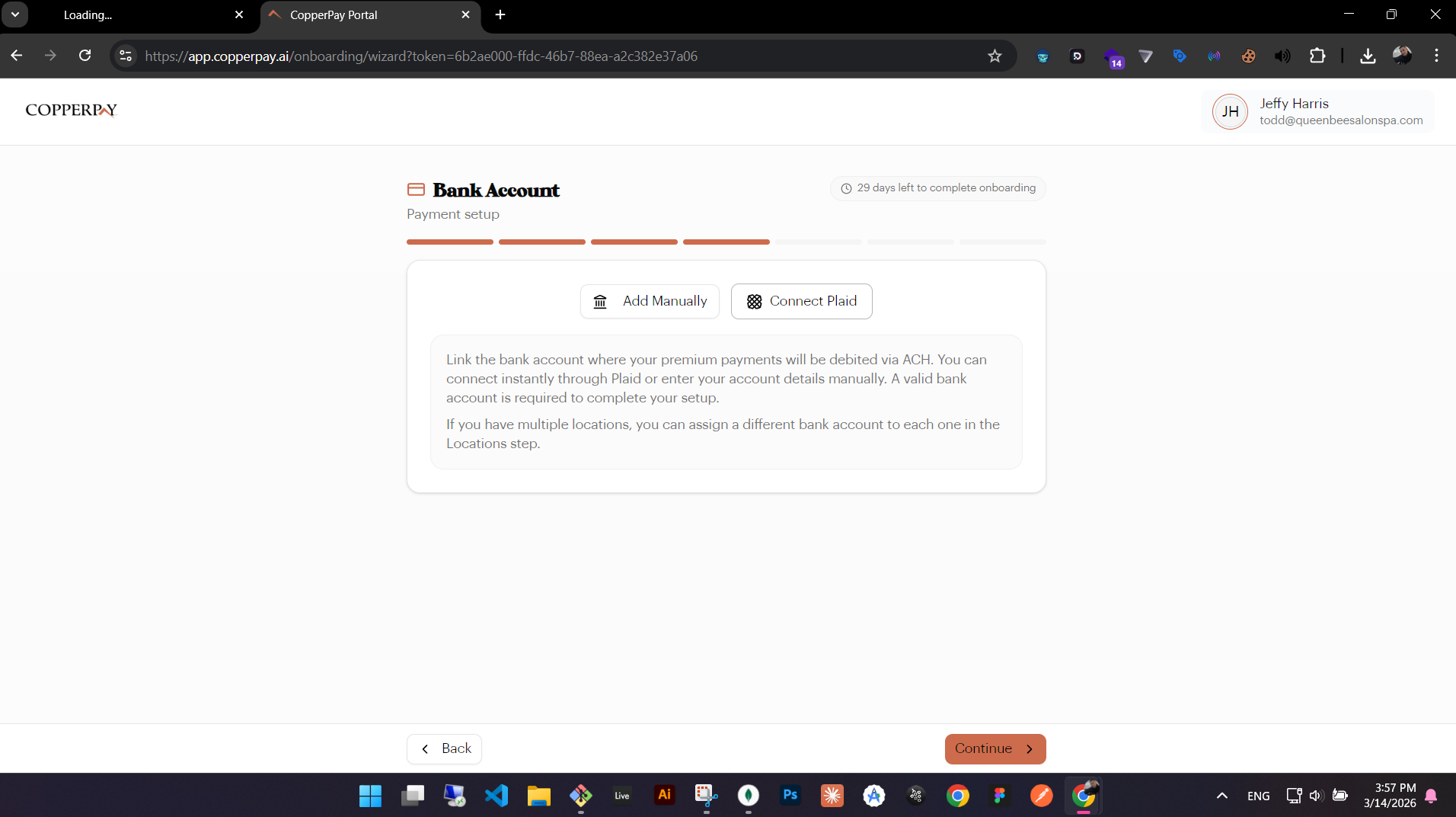 Bank account setup options