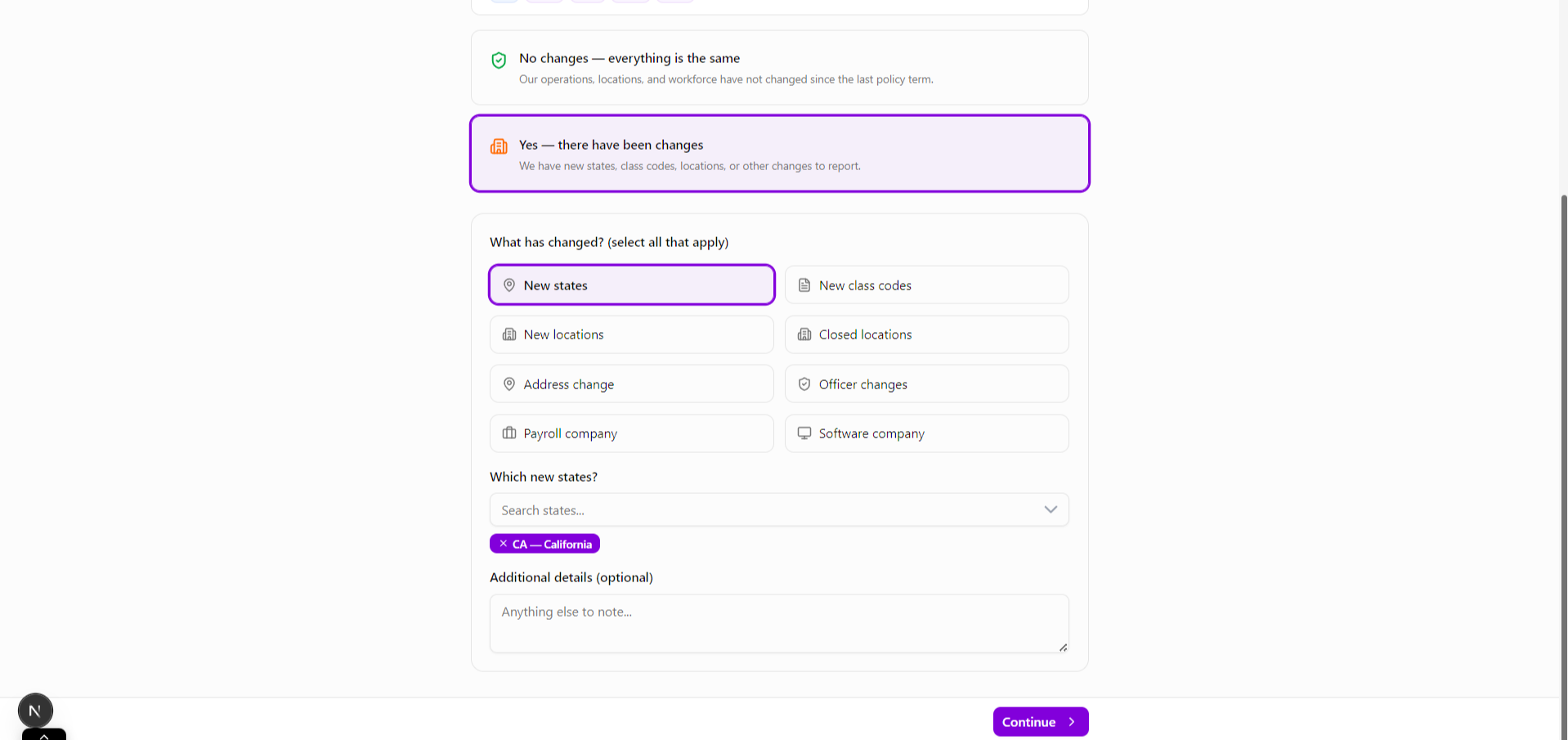 New states detail — selecting California