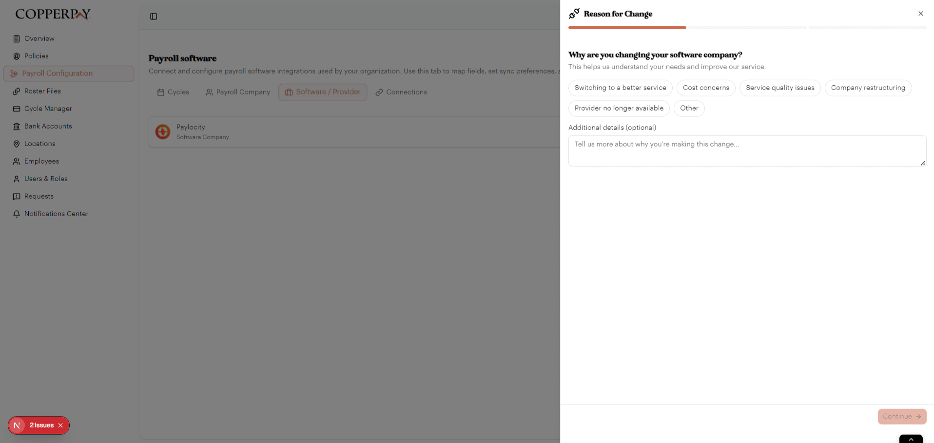 Reason for change selector